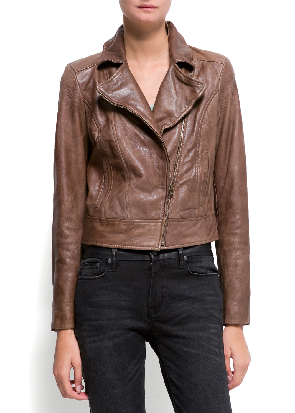 Lyst Mango Leather Biker Jacket in Brown