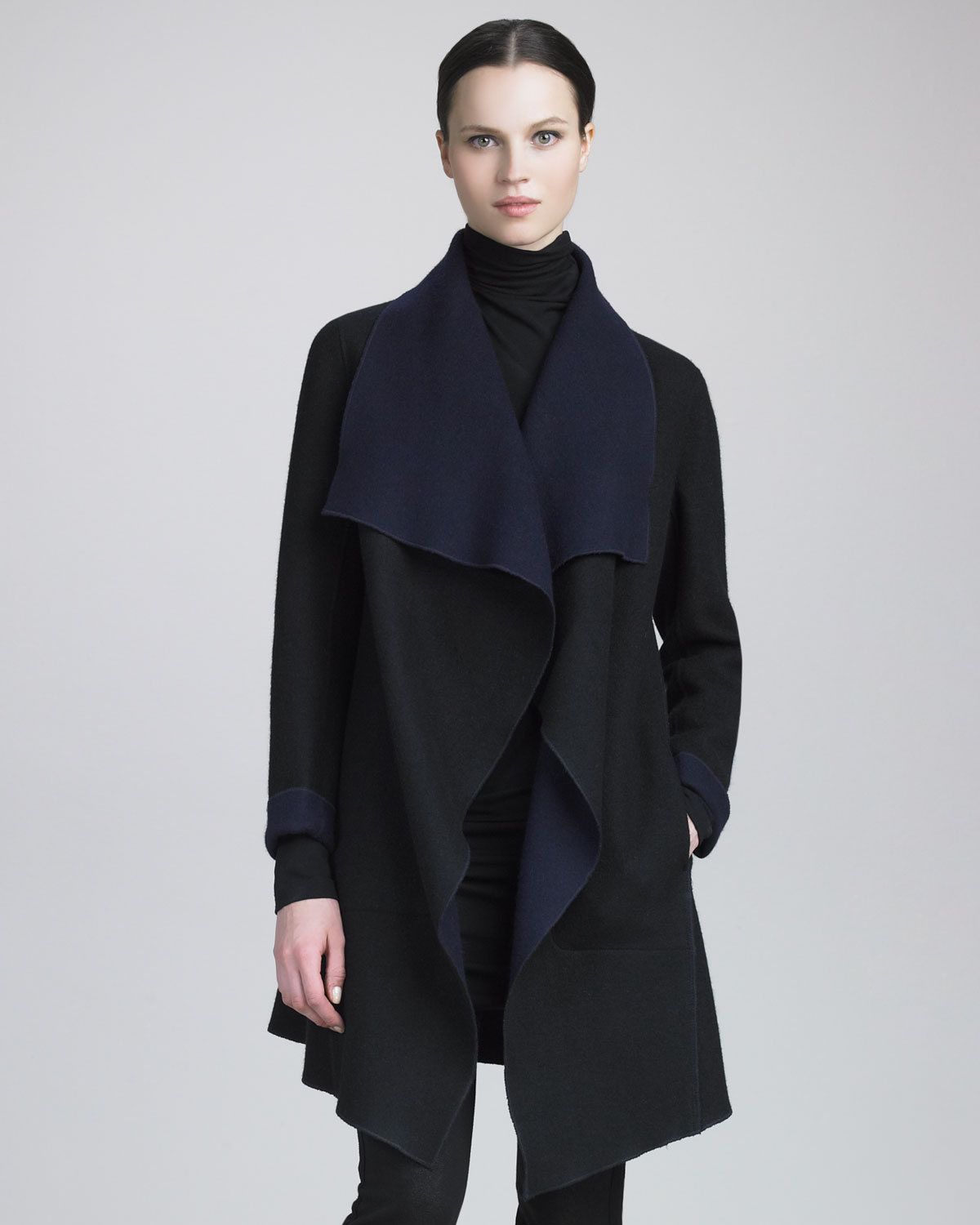 Lyst - Donna karan Reversible Cascading Coat in Black