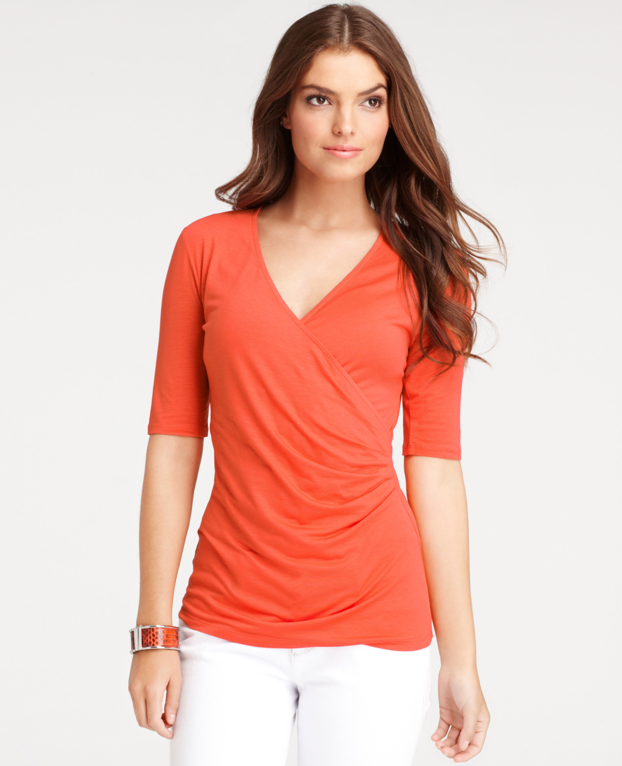 Lyst Ann Taylor Short Sleeve Wrap Top in Orange