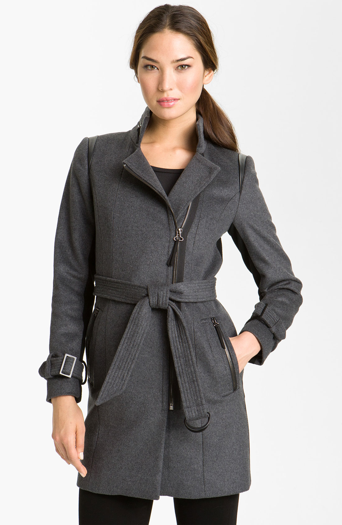 Kristen Blake Asymmetrical Zip Belted Coat in Gray (charcoal/ black) | Lyst