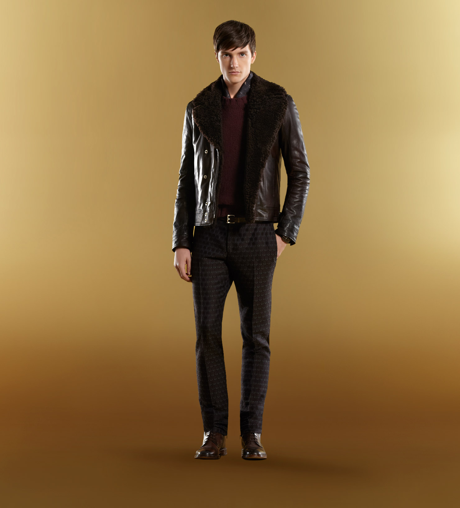 Gucci Leather Biker Jacket With Shearling Collar In Brown For Men Gallery