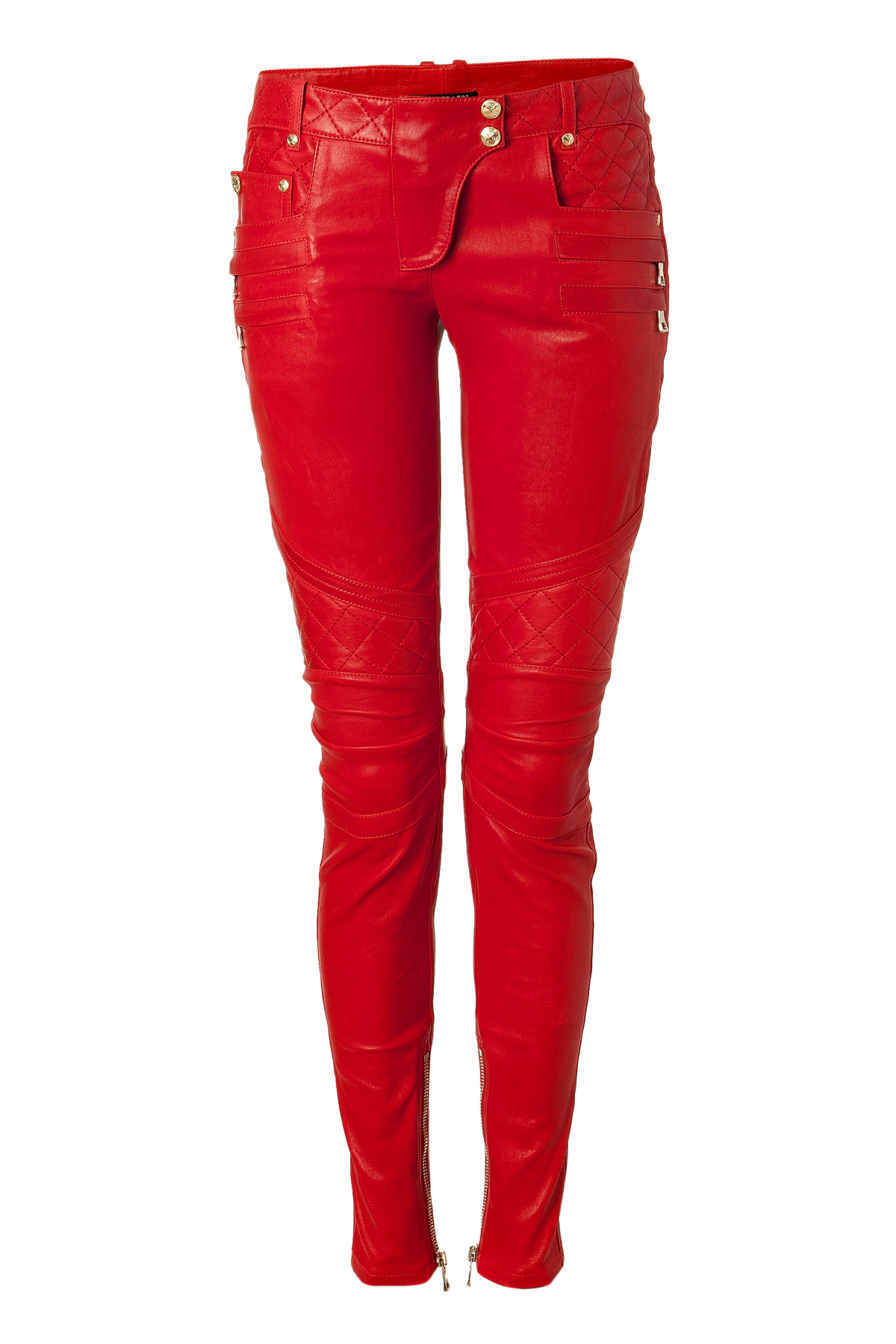 Balmain Lipstick Lowrise Skinny Leather Pants in Red | Lyst