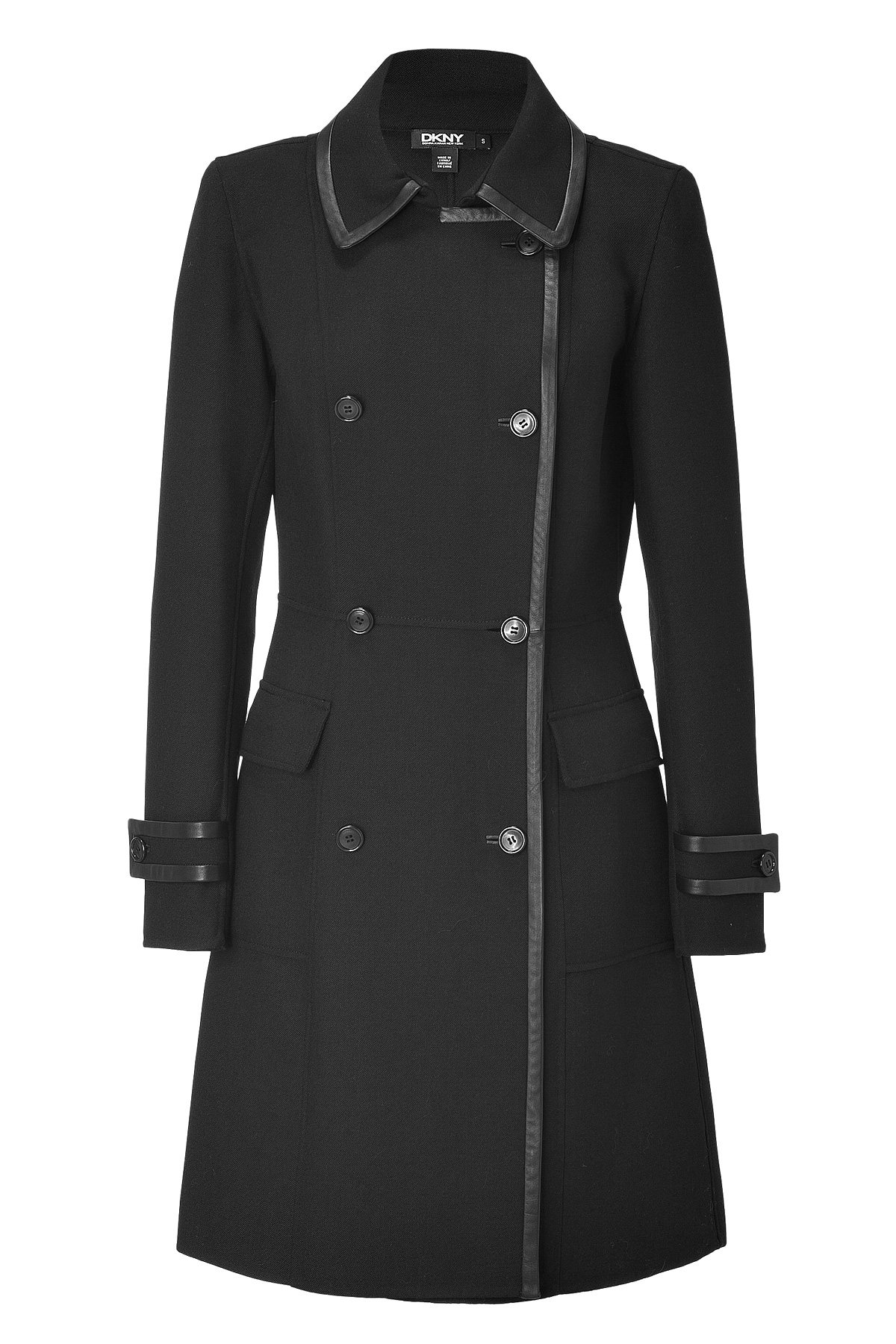 Dkny Black Leather Trimmed Trench Coat in Black | Lyst