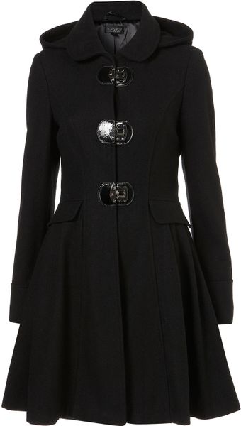 Topshop Hooded Clasp Coat in Black | Lyst