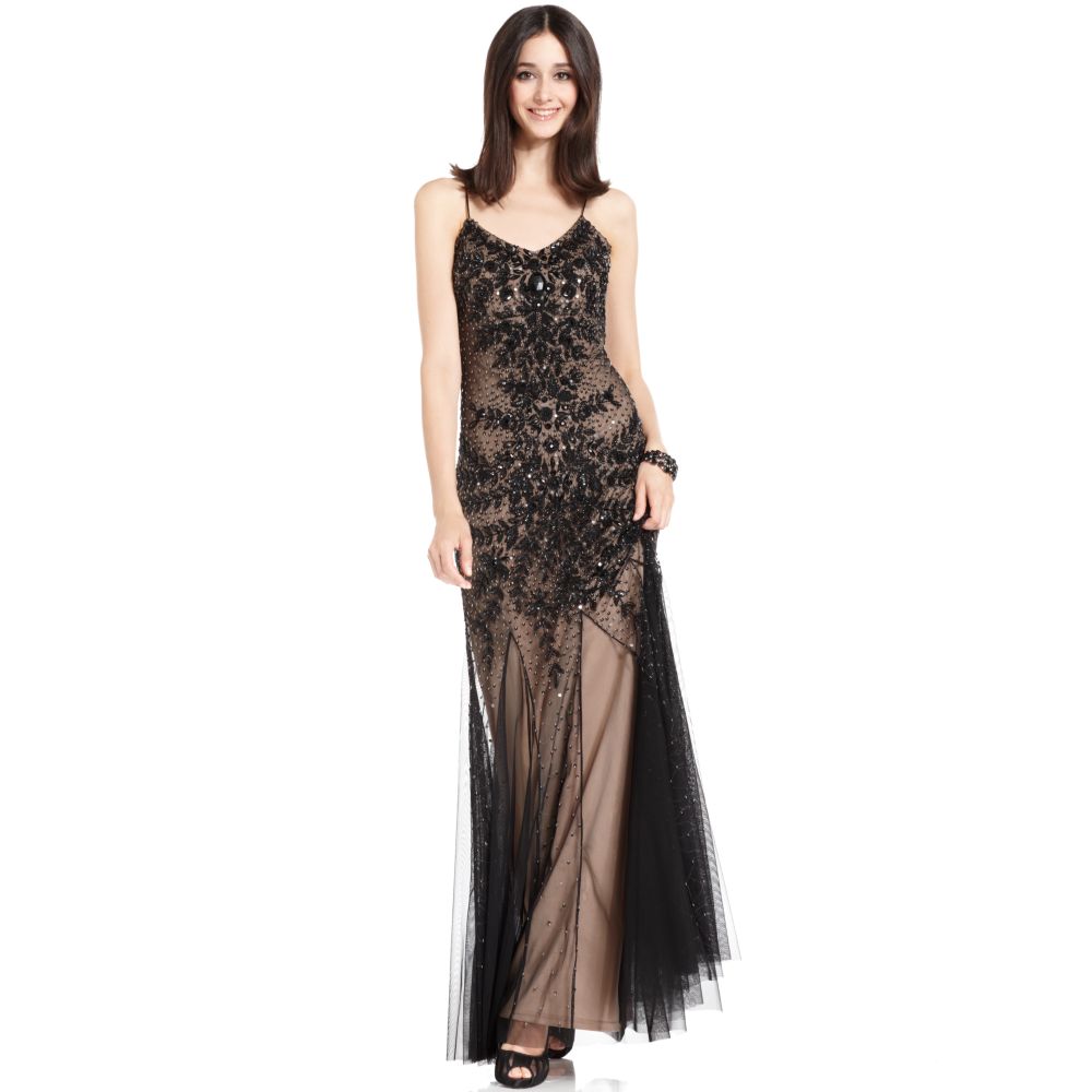 Adrianna Papell Spaghettistrap Beaded Sequin Evening Gown in Black | Lyst