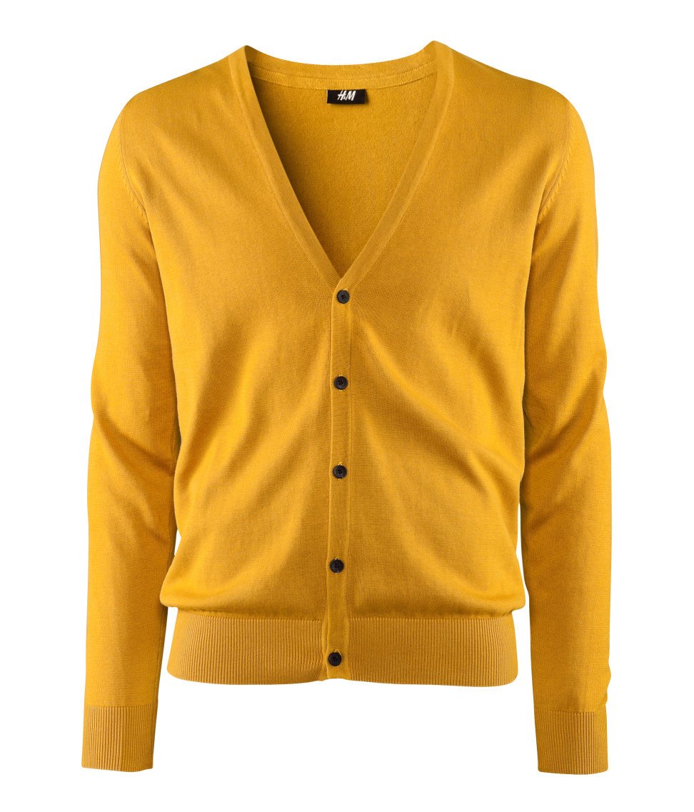 Mens mustard yellow cardigan sweater shaped