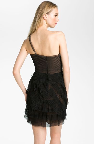 Bcbgmaxazria One Shoulder Tiered Mesh Dress in Black | Lyst