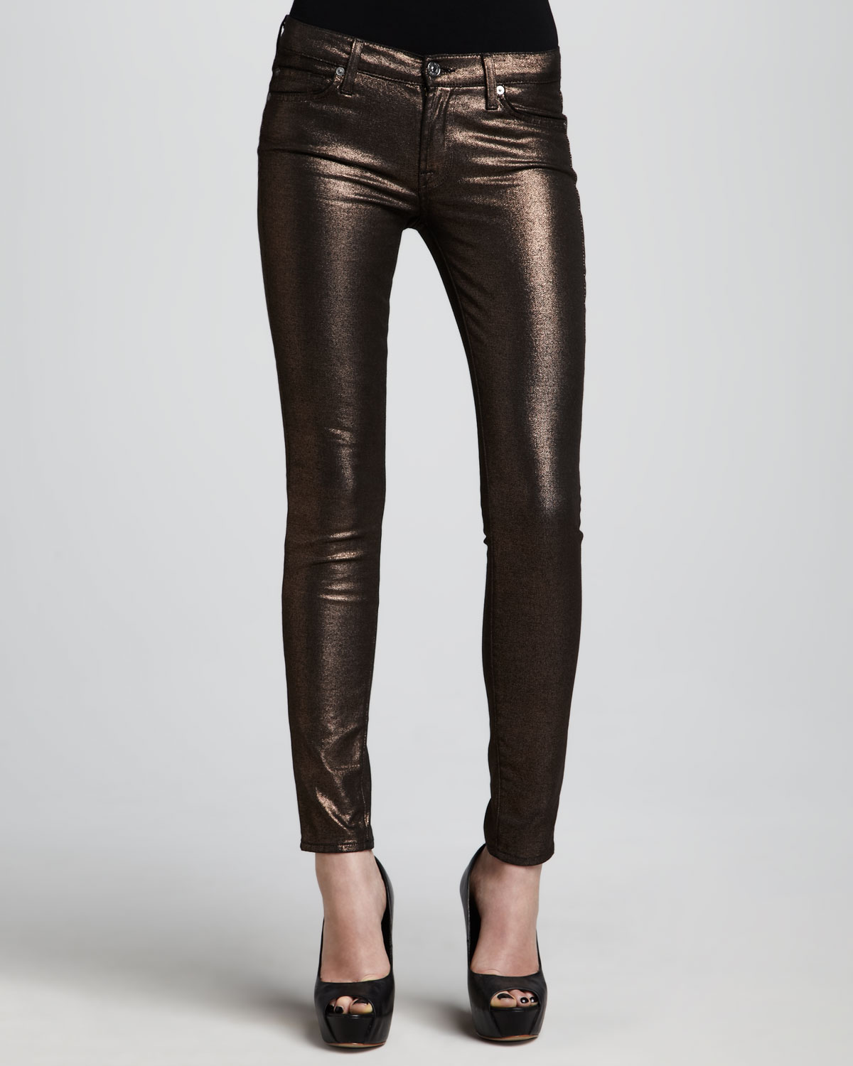 7 for all mankind The Skinny Copper Liquid Metallic Jeans in Brown | Lyst