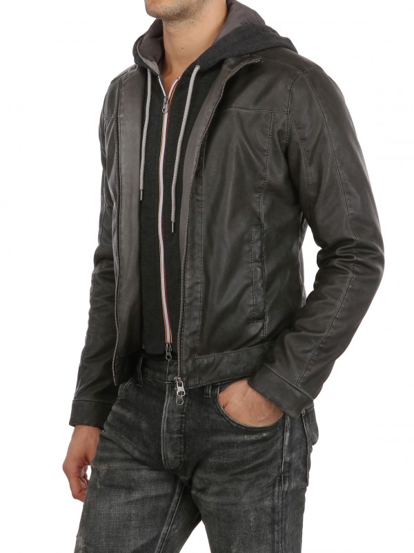 Armani Jeans Hooded Fleece And Eco Leather Jacket In Black For Men Gallery