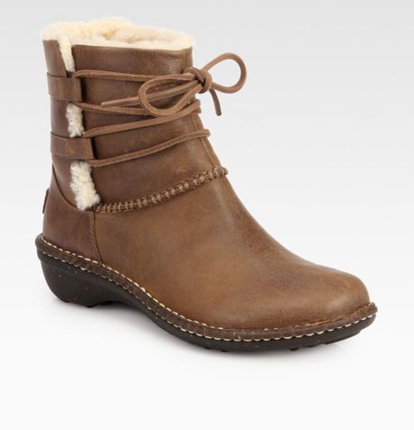 Ugg Caspia Leather Shearling Laceup Ankle Boots in Brown (chocolate) | Lyst