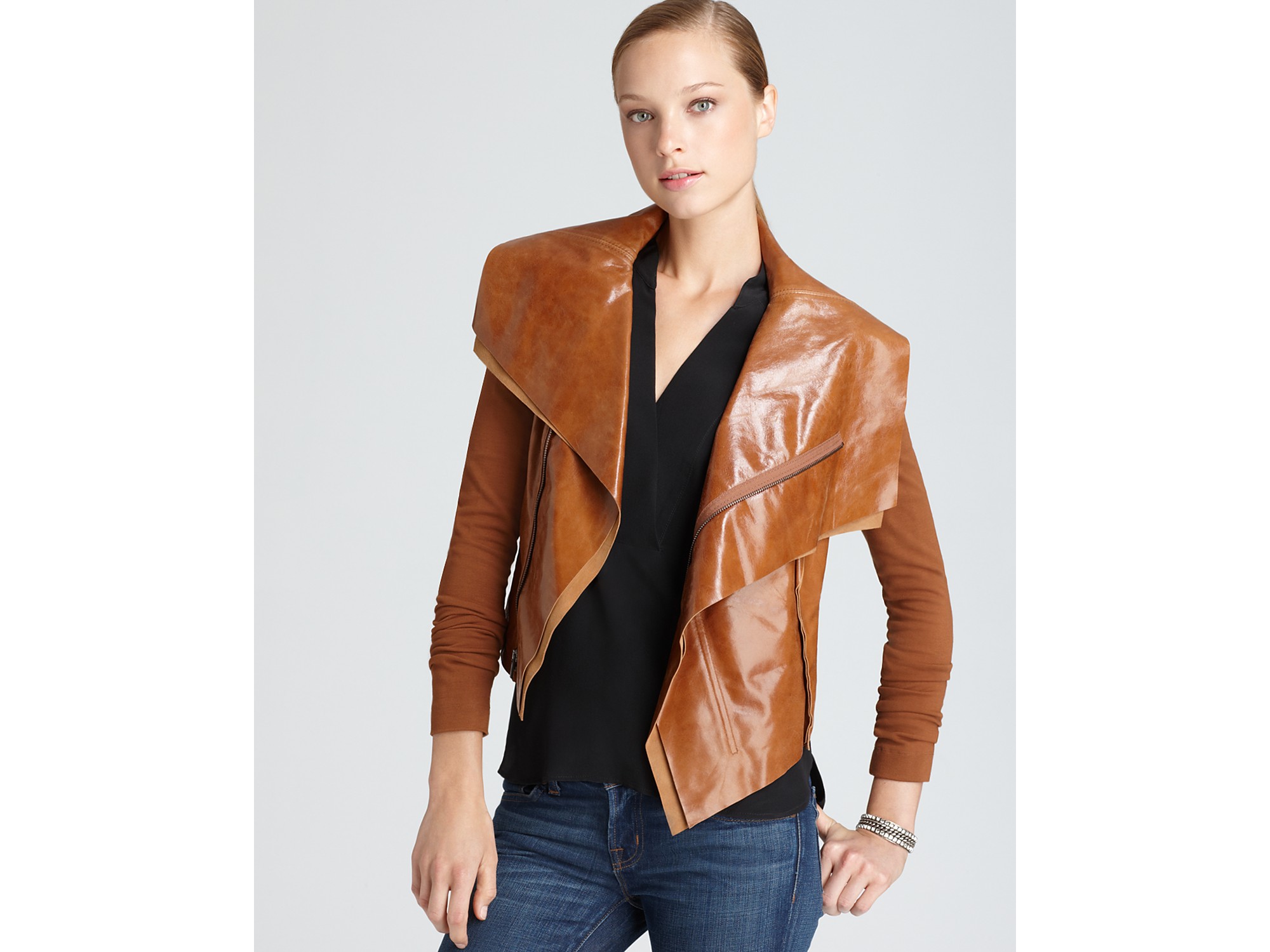 Bcbgmaxazria Ana Raw Edge Leather Jacket in Brown (ginger) | Lyst