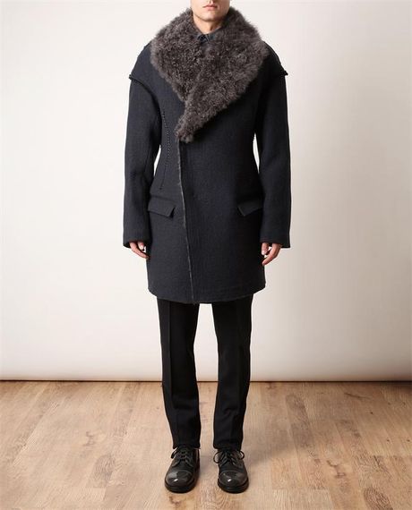 Lanvin Wool Coat with Shearling Collar in Blue for Men (navy) | Lyst