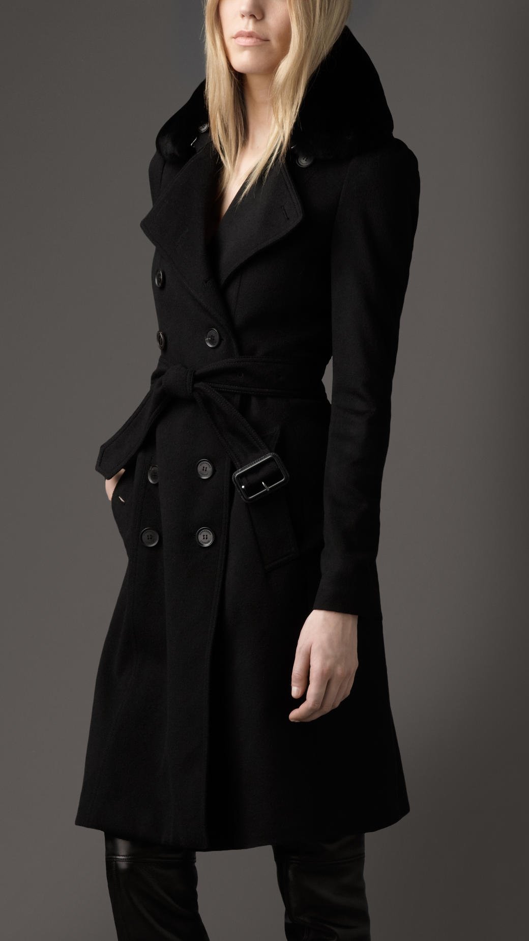 Lyst - Burberry Long Fur Collar Cashmere Trench Coat in Black