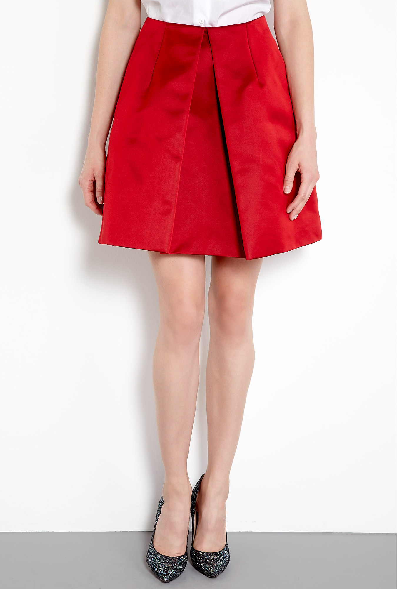 Carven Pleated Satin Skirt in Red | Lyst