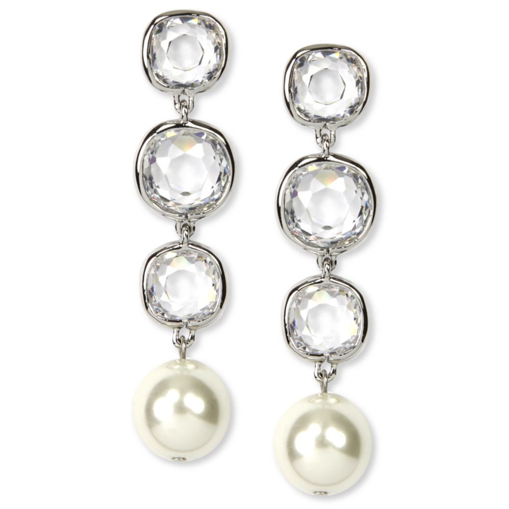 Givenchy Silver Tone Crystal and Glass Pearl Linear Drop Earrings in ...