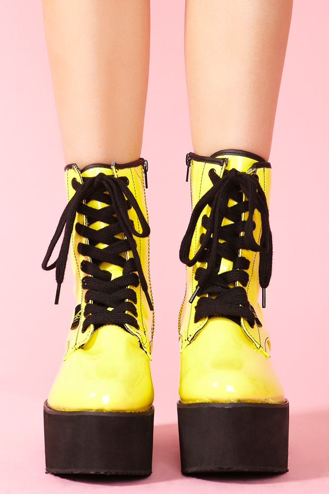 Nasty gal Neon Patent Combat Boot in Yellow | Lyst