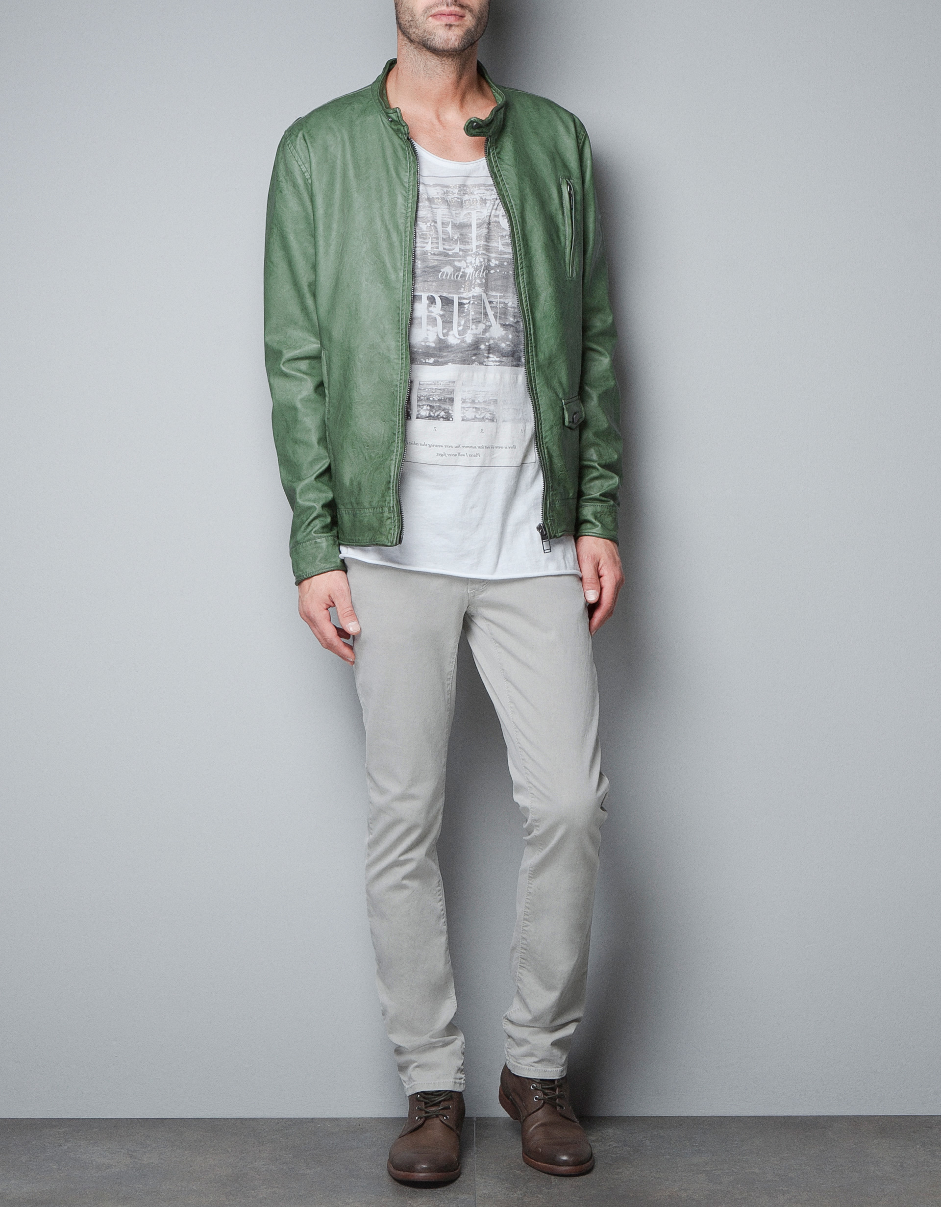 Zara Synthetic Leather Jacket In Green For Men Lyst Gallery