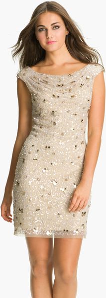 Aidan Mattox Cowl Neck Embellished Sheath Dress in Beige (light mink ...