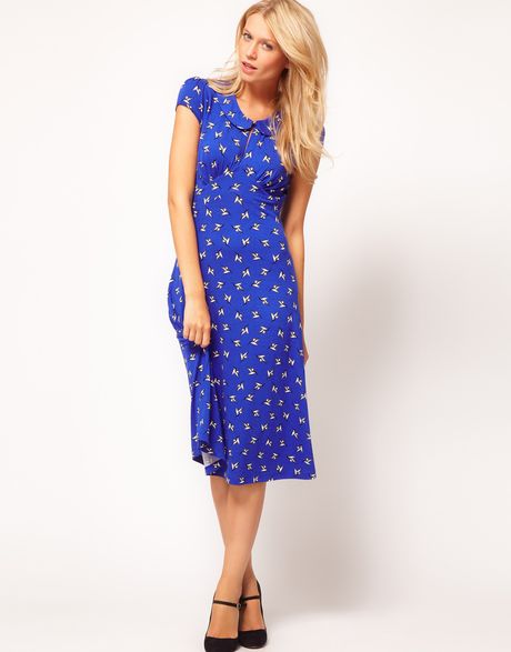 Asos Collection Asos Midi Tea Dress in Bird Print in Blue | Lyst