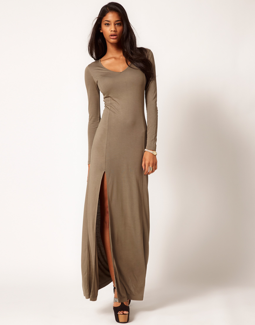 Asos Collection Asos Maxi Dress with Split Long Sleeve in Brown (olive ...