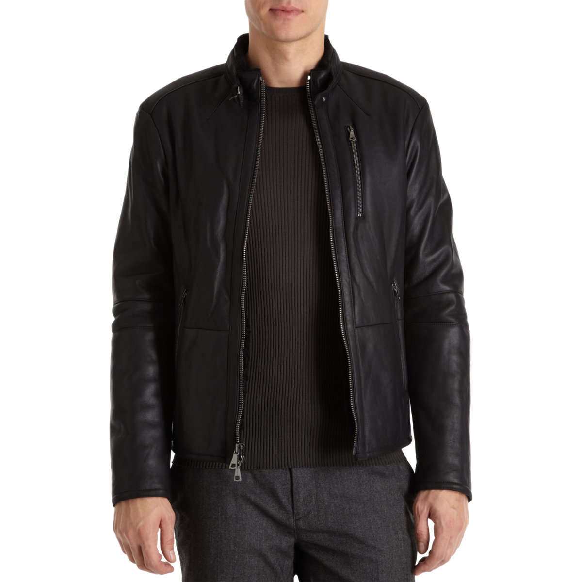 John Varvatos Shearling Lined Zip Front Leather Jacket in Black for Men ...