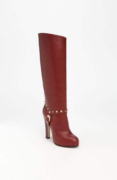Valentino Rockstud Tall Boot in Brown (red leather) | Lyst