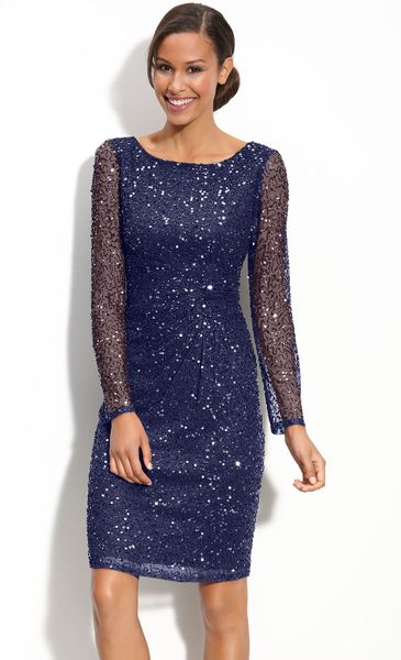 Patra Beaded Mesh Sheath Dress in Blue (navy) | Lyst