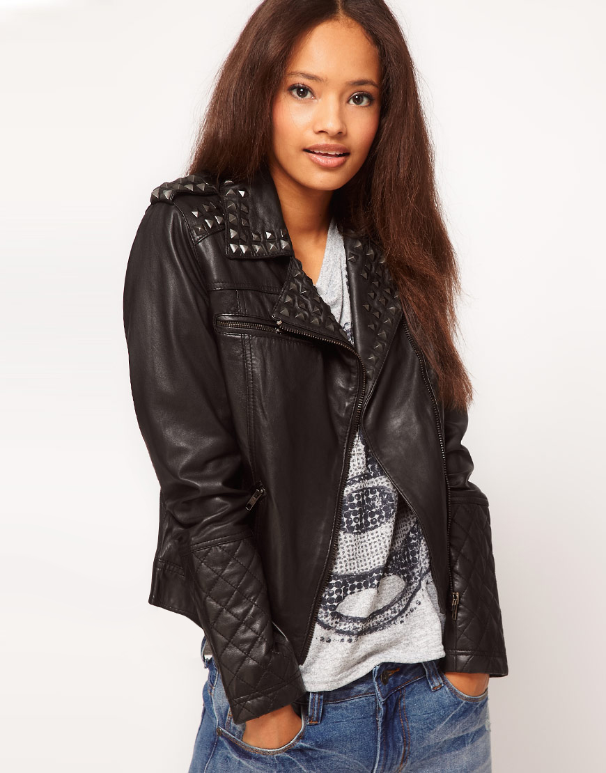 Asos collection Studded Leather Biker Jacket in Black | Lyst