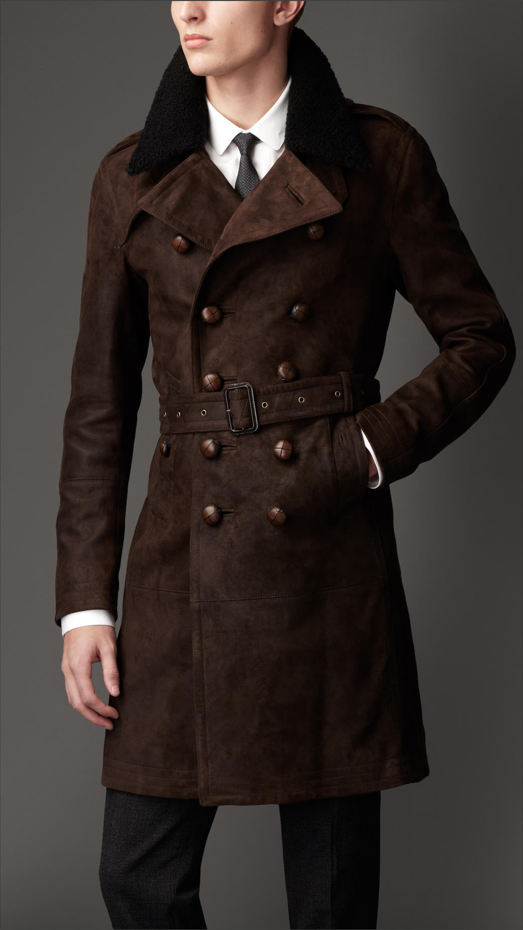 lyst-burberry-mid-length-shearling-collar-suede-trench-coat-in-brown