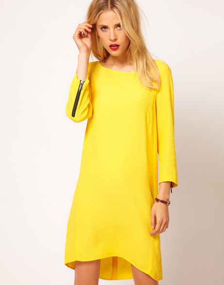 Mango Dress with Stepped Hem in Yellow | Lyst