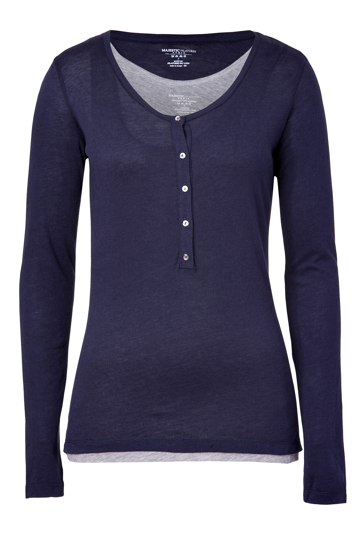 Majestic Navygrey Heather Double Layer Long Sleeve Cottoncashmere ...