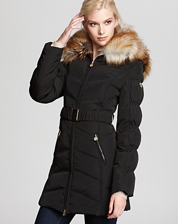 Lyst - Laundry By Shelli Segal Quilted Belted Coat with Faux Fur Hood ...