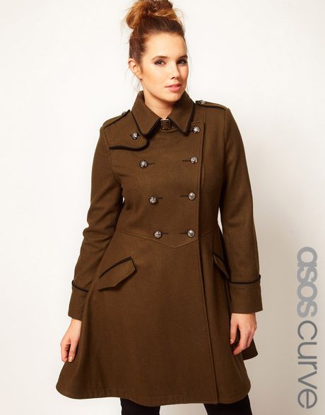 Asos Curve Military Fit and Flare Coat in Khaki | Lyst