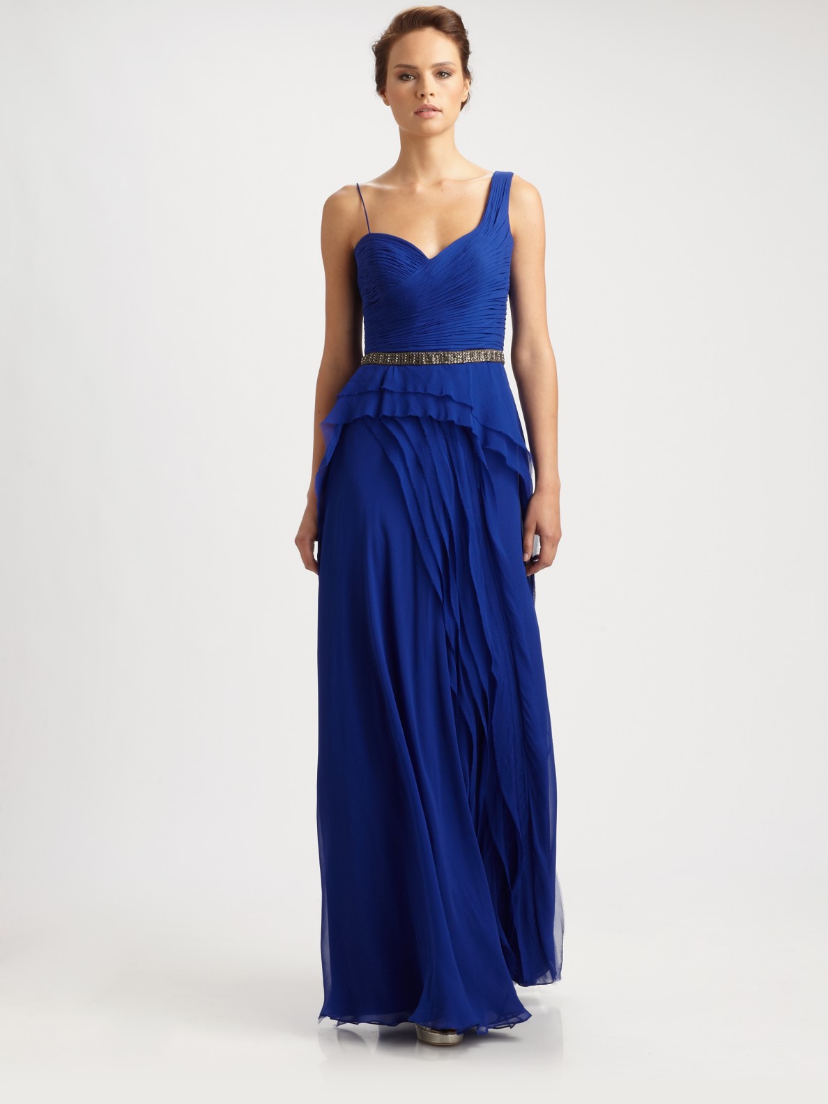 Teri Jon Silk Chiffon Gown in Blue | Lyst