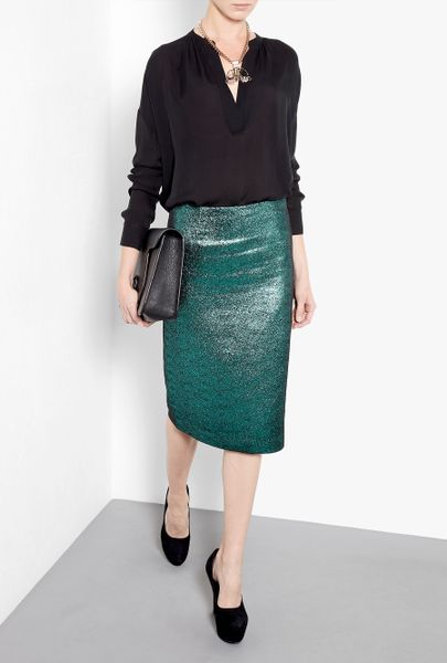 Tibi Lurex Jacquard Pencil Skirt in Green (emerald) | Lyst