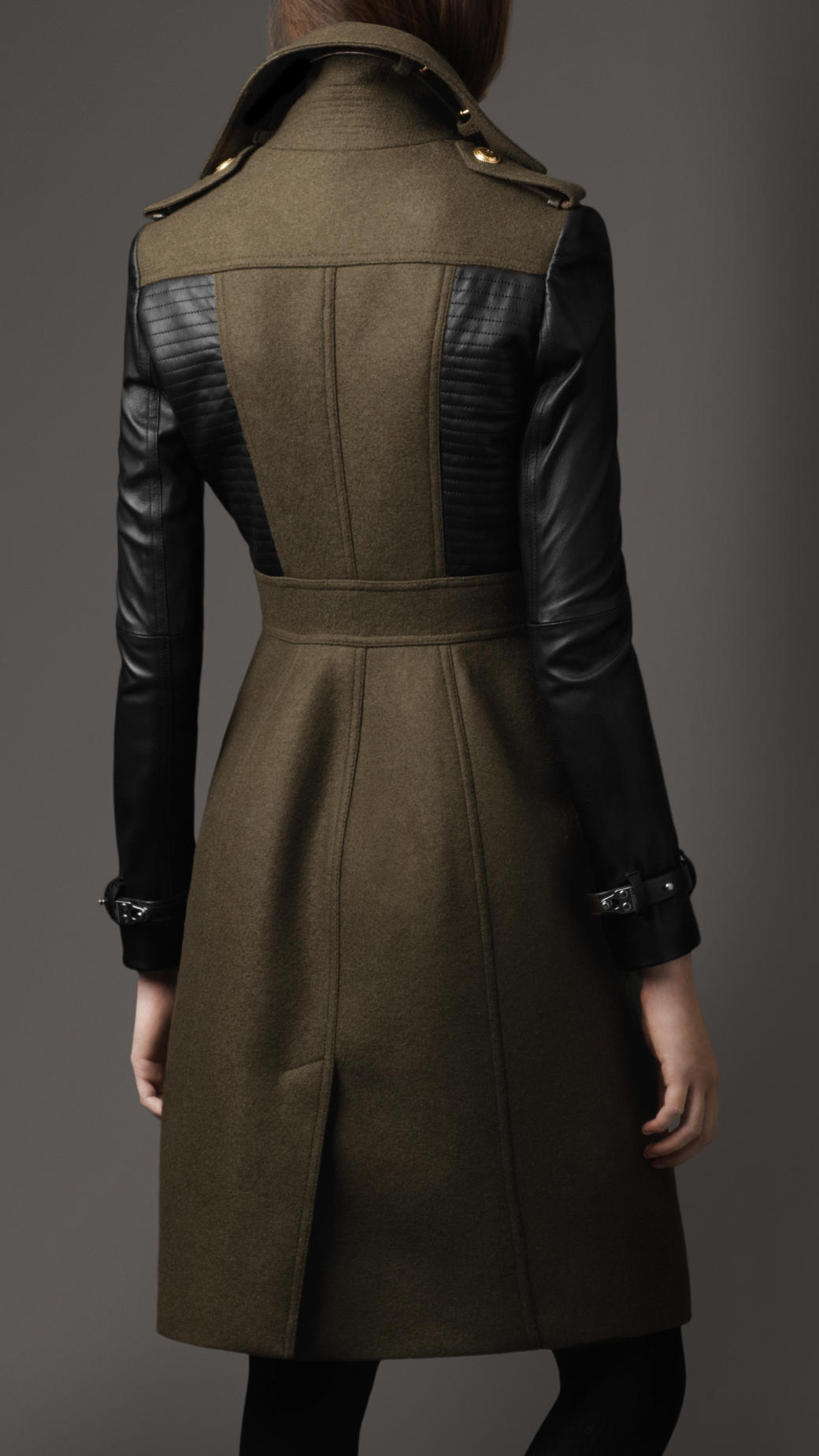 Lyst - Burberry Leather Sleeve Coat in Green