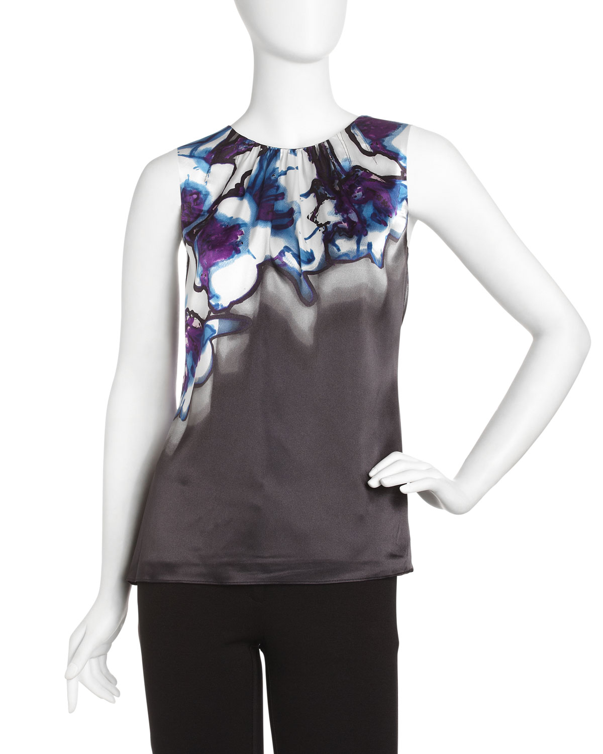 Tahari Abstract Floral print Sleeveless Blouse in Gray (black purp) | Lyst