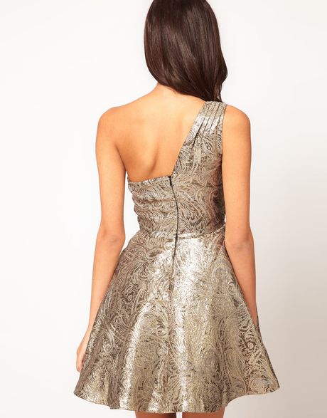 Asos Petite Exclusive One Shoulder Dress in Metallic Jacquard in Gold ...