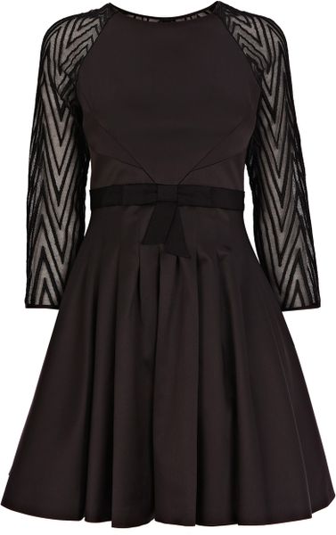Karen Millen Zig Zag Mesh Sleeve Dress with Prom Skirt in Black | Lyst