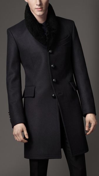 Burberry Shearling Collar Top Coat in Black for Men (navy) | Lyst