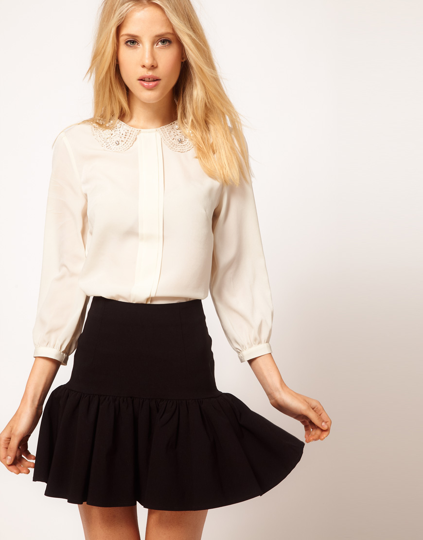 Asos Collection Asos Blouse with Pearl Embellished Collar in Beige ...