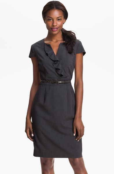 Tahari Shelly Ruffle Front Belted Sheath Dress in Gray (charcoal grey ...