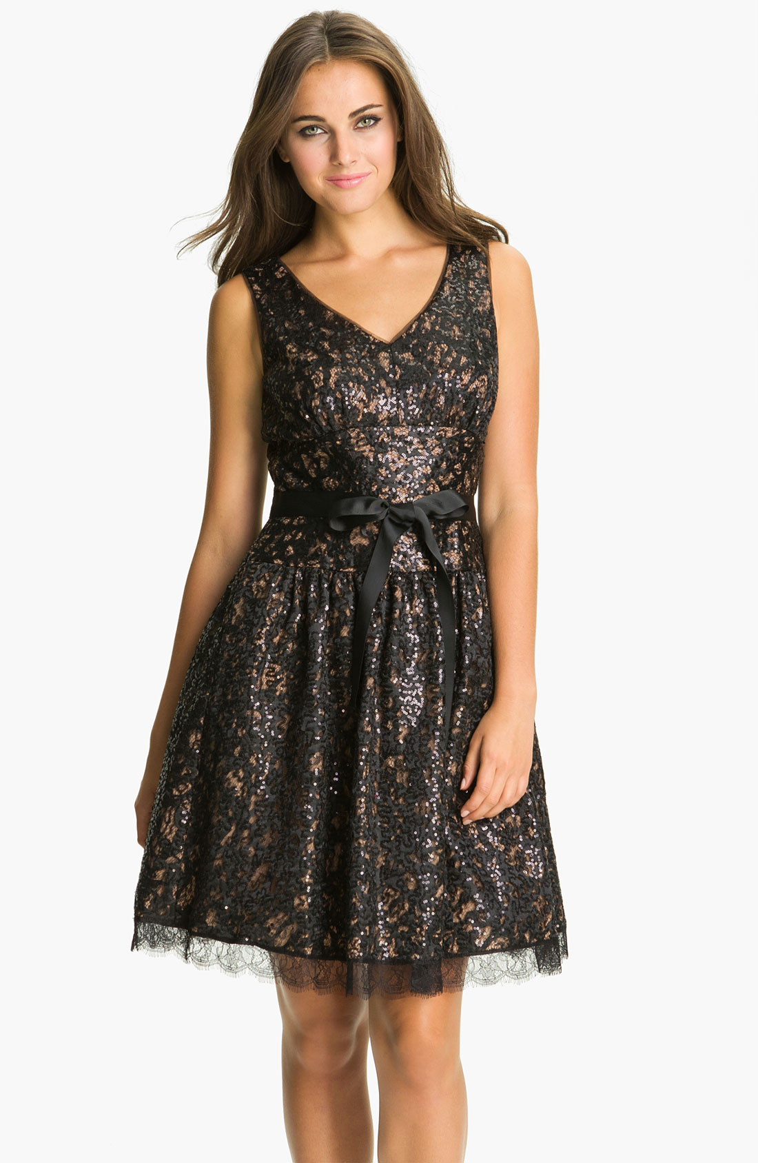 Eliza J Vneck Sequin Fit Flare Dress in Black | Lyst