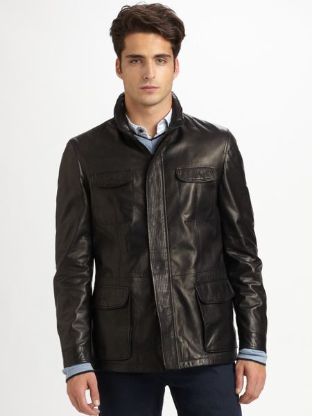 Armani Leather Field Jacket in Black for Men | Lyst