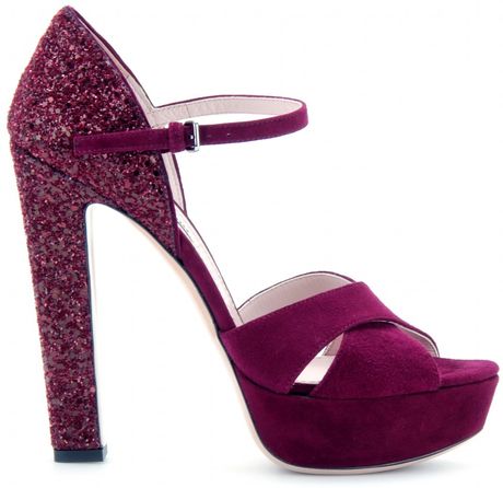 Miu Miu Suede Sandals with Glitter Heel in Purple (bordeaux) | Lyst