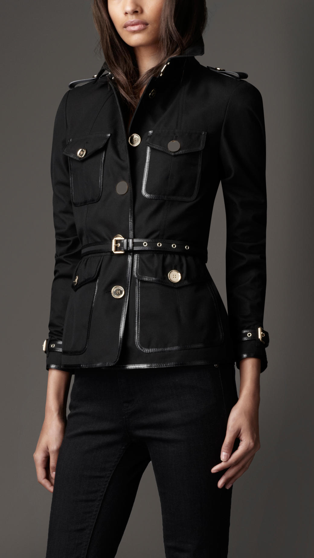 Burberry Cotton Gabardine Leather Detail Jacket in Black (jet black) | Lyst