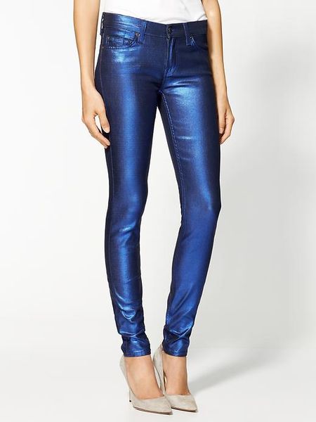 7 For All Mankind Dream Liquid Metallics Skinny Jeans in Blue (metallic ...