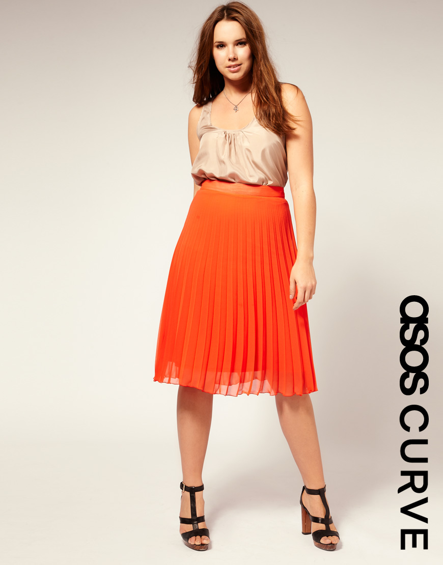 Asos Curve Pleated Midi Skirt in Orange | Lyst