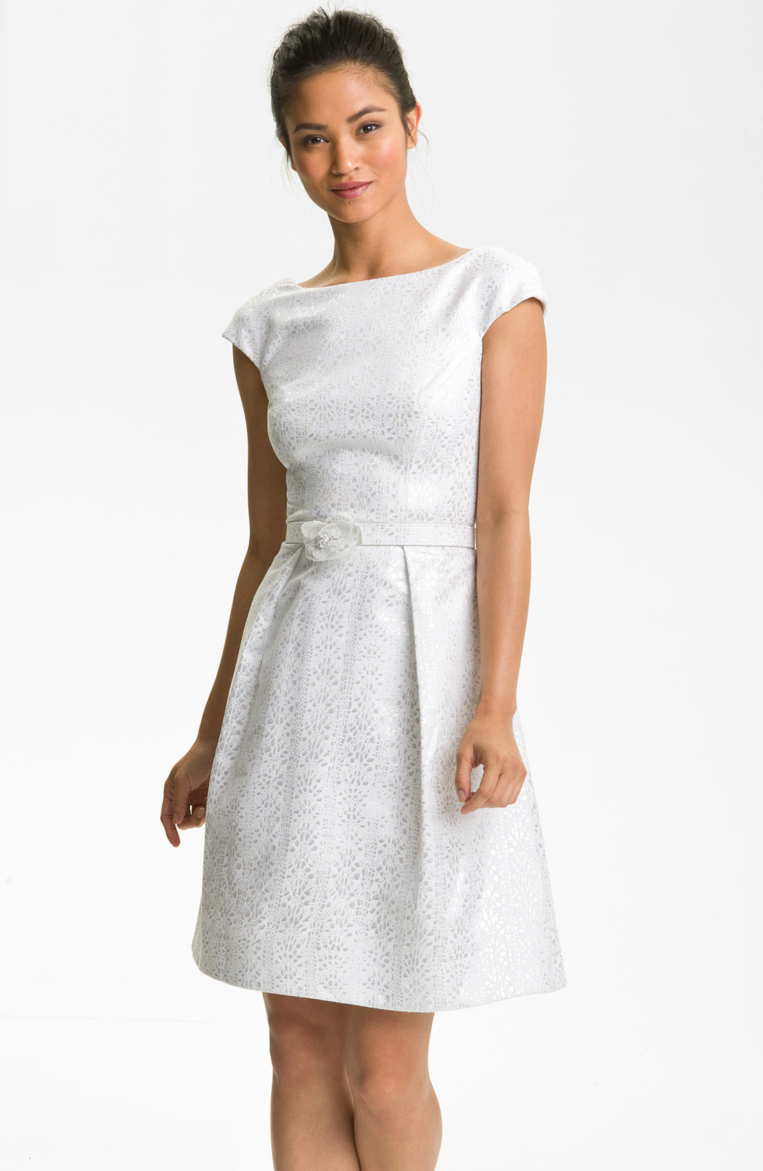 Theia Cap Sleeve Jacquard Fit Flare Dress in White | Lyst