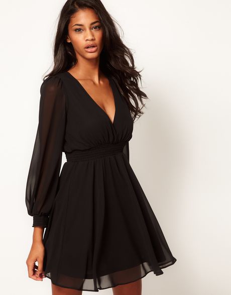 Asos Wrap Dress with Long Sleeves in Black | Lyst